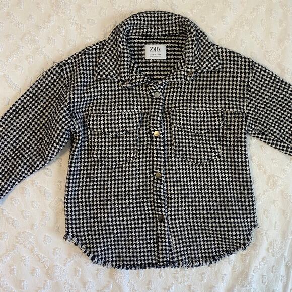 Zara Houndstooth Shacket Girls Size 13-14 Black White Classic Fall Cotton Blend - Picture 1 of 3